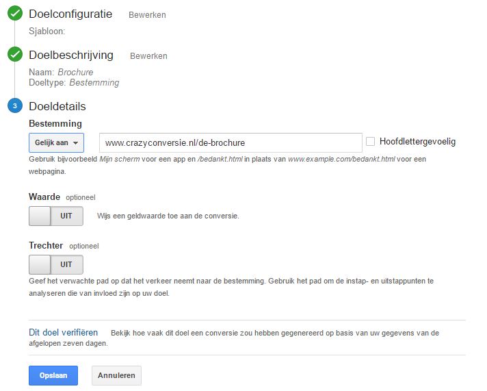 Conversiedoel instellen Google Analytics - doel url