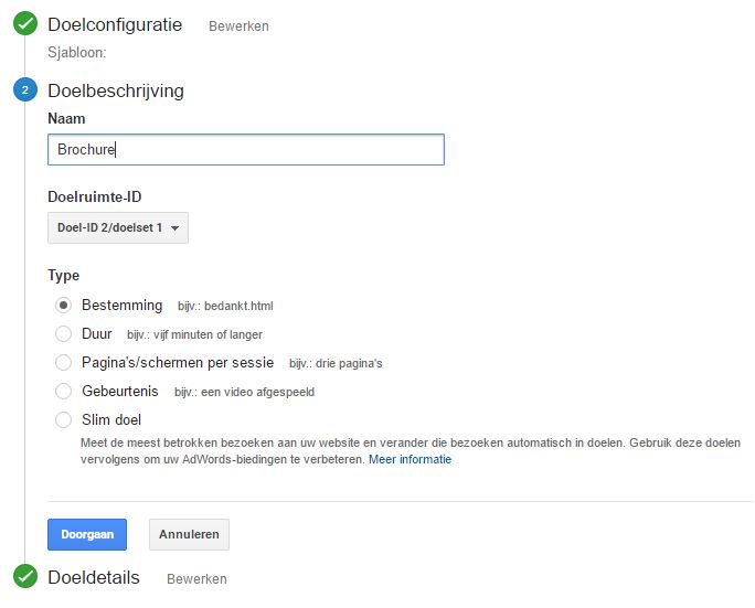 Conversiedoel instellen Google Analytics - doelbeschrijving